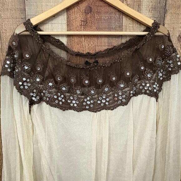Ryu Collection Blouse Cream & Brown Lace Off the Shoulder Top Women’s Sz L NWT - Picture 4 of 11